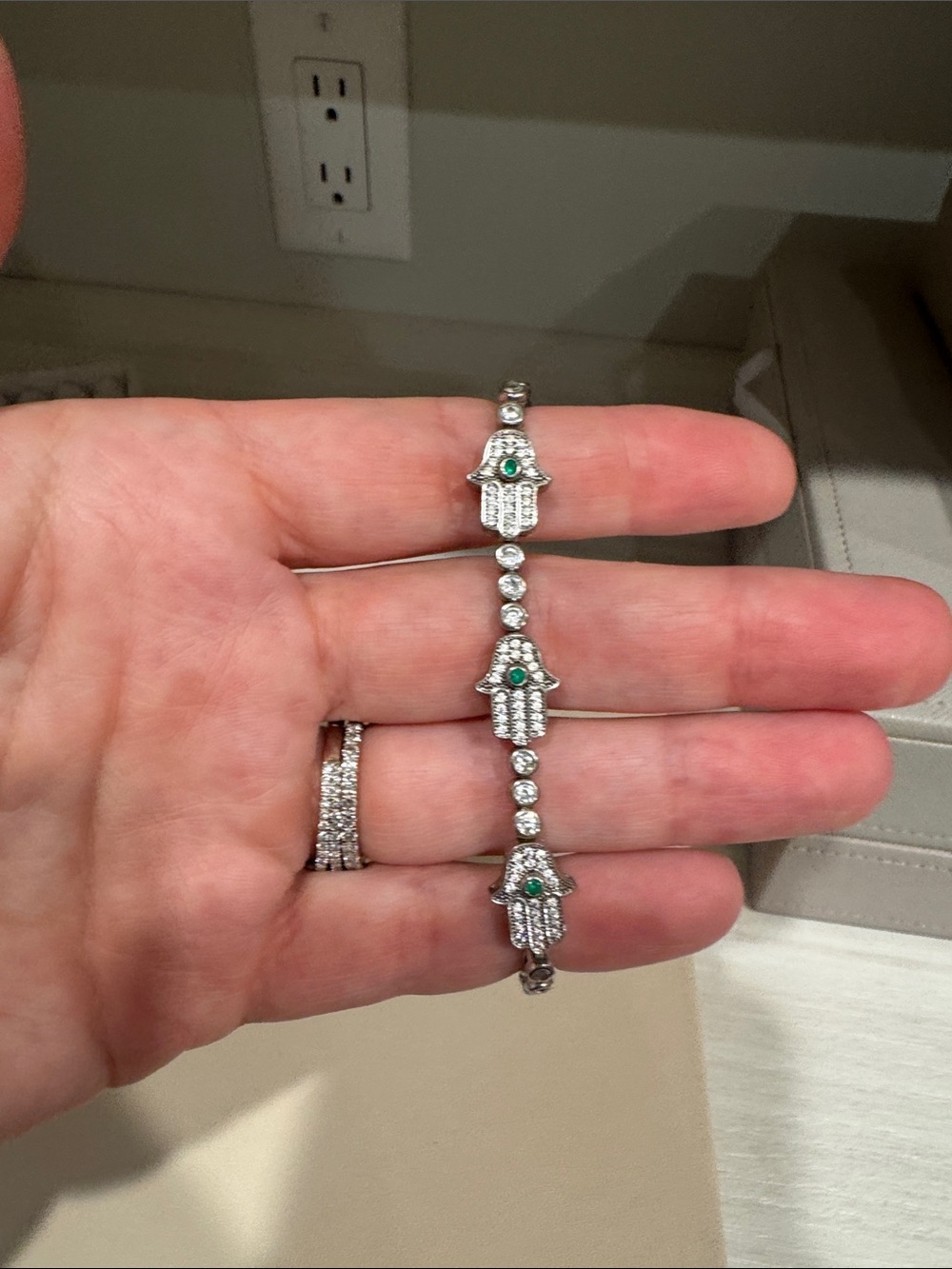 Sterling Silver Hamsa Bracelet with Green Accents